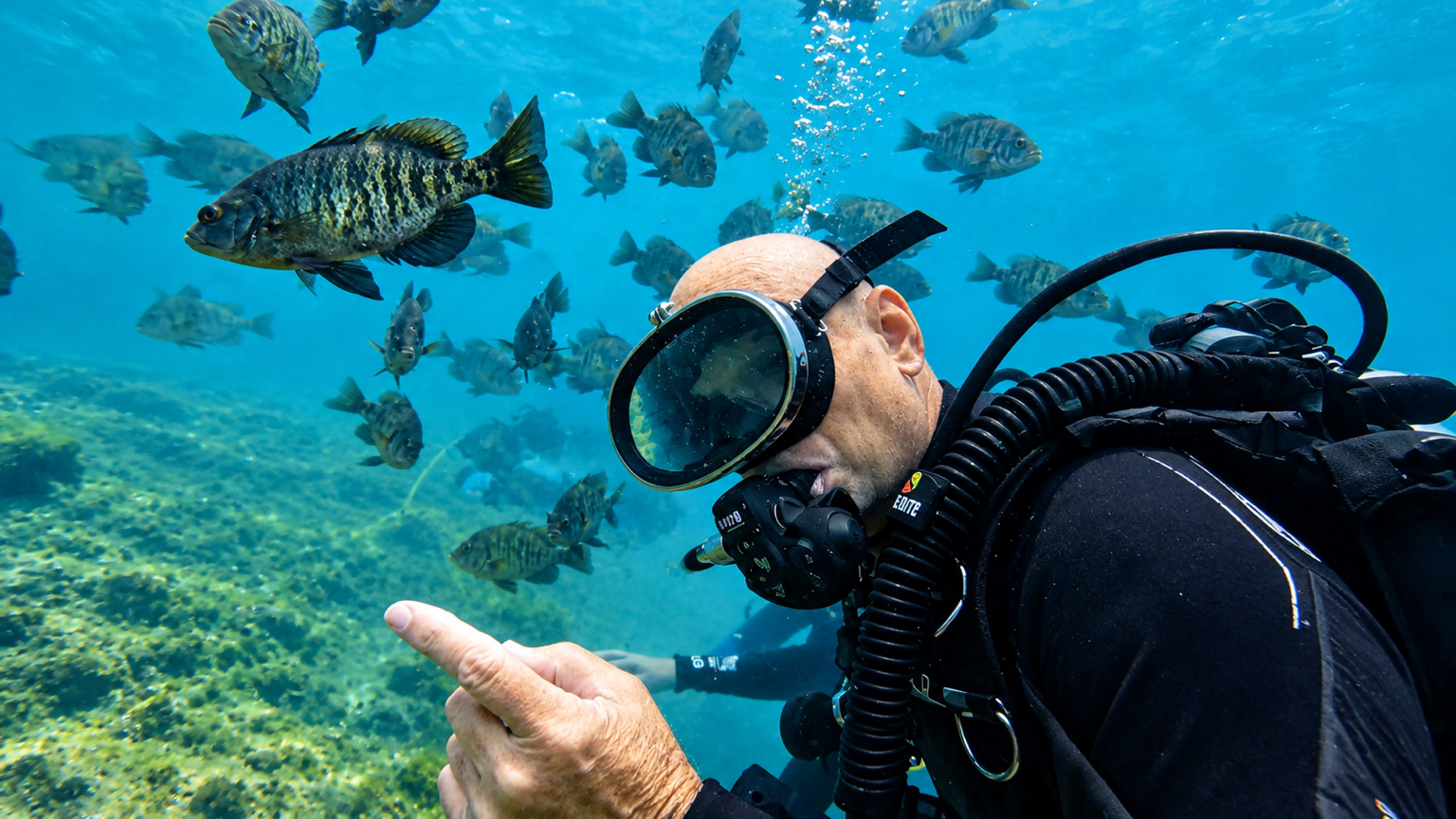 Diver surrounded by fish at Vortex Spring