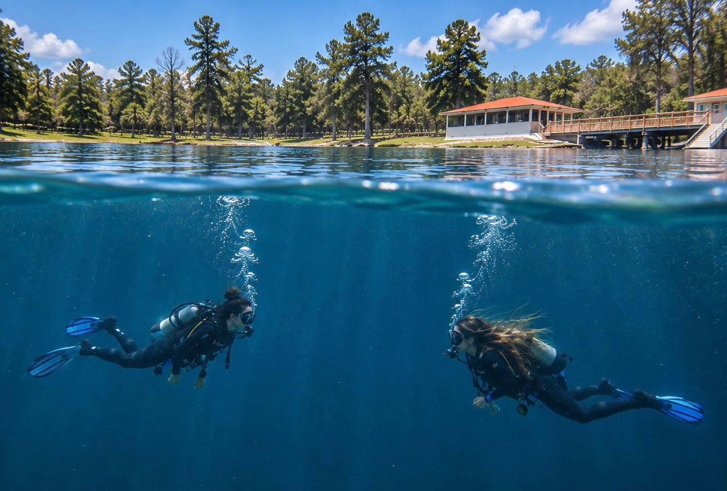 Two divers beneath the surface of Vortex Spring with the dive shop and pines above the waterline